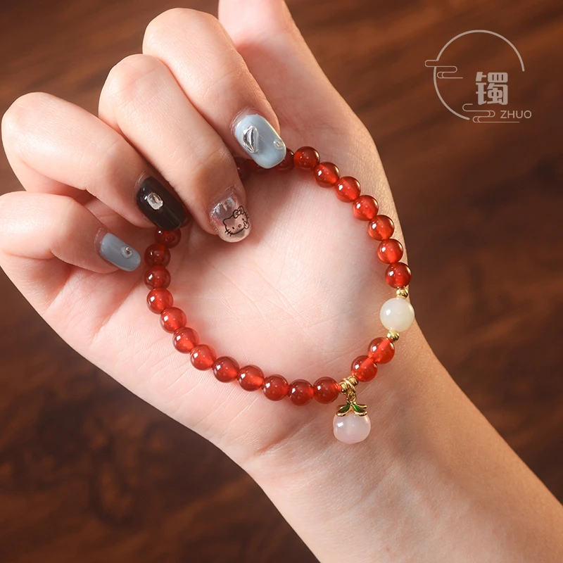 气质天然北红玛瑙6mm玛瑙首饰拉布布手链纯银