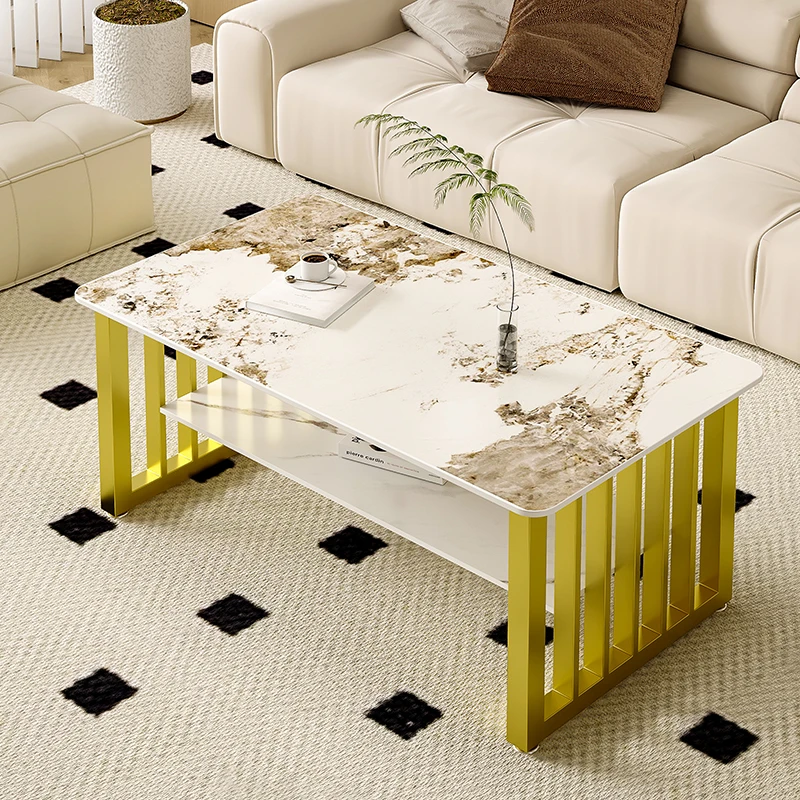 轻奢岩板茶几现代简约两用办公室会客小户型茶桌双层长方形加高款