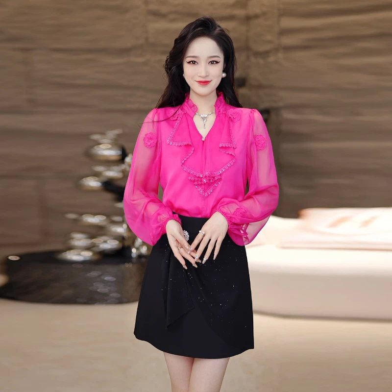 【苏苏定制】春夏新款高级感蕾丝雪纺衫显瘦气质黑色上衣OHSHG08131