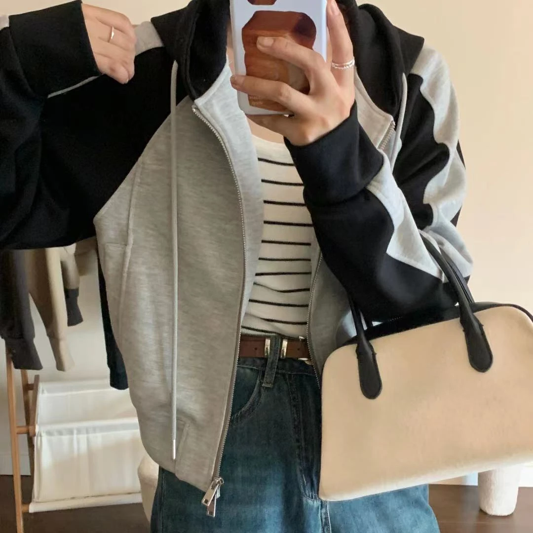 PLUR·PAN复古撞色插肩袖连帽短款休闲百搭开衫卫衣  P2206002