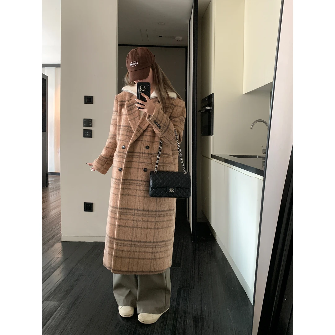 辰米范 气质格子中长款毛呢大衣女秋冬韩版宽松休闲夹棉呢子外套