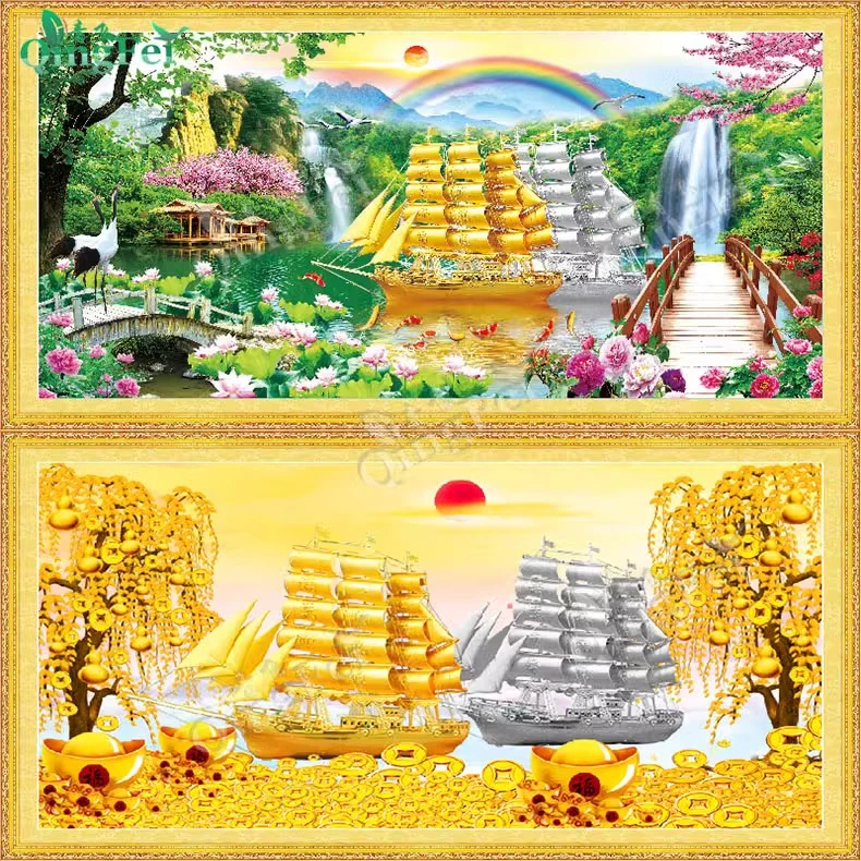 青飞金银同渡财源滚滚摇钱树十字绣黄金发财树九鱼帆船E70，E86