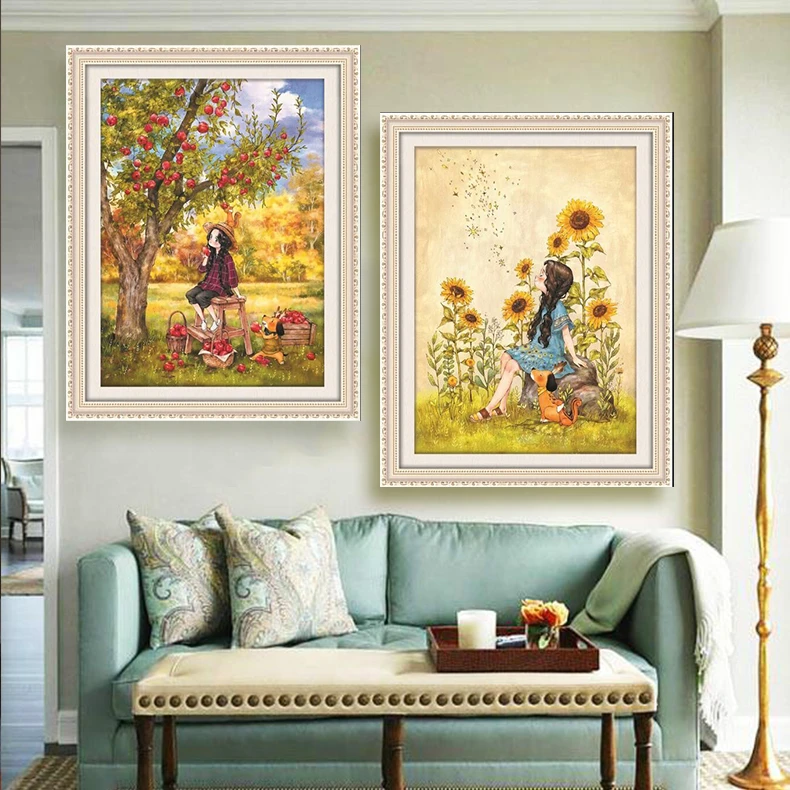 青飞森林少女向阳而生春华秋实十字绣悠闲时光女孩人物卡通钻画