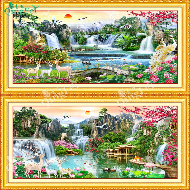 青飞流水生财聚宝盆山水画十字绣发财麋鹿孔雀九鱼聚财E102,E103