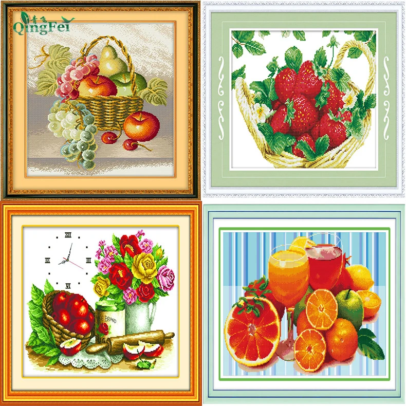 青飞水果篮十字绣草莓丰收葡萄梨子苹果甜美人生餐厅花篮