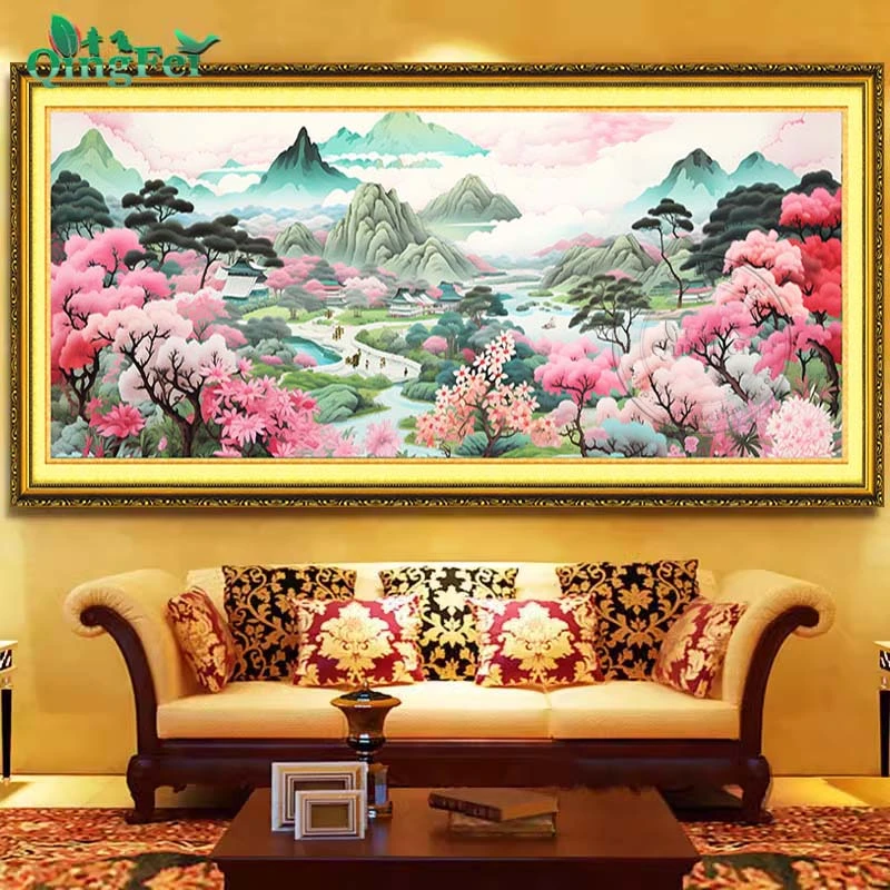 青飞精准印布桃源人家十字绣山水风景画新中式风客厅壁画手工刺绣