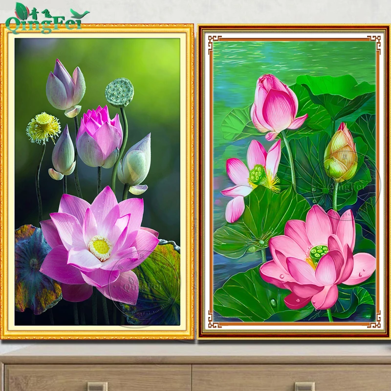 青飞美丽荷花十字绣玄关荷花莲花植物花卉越南有钻石画E266,E292