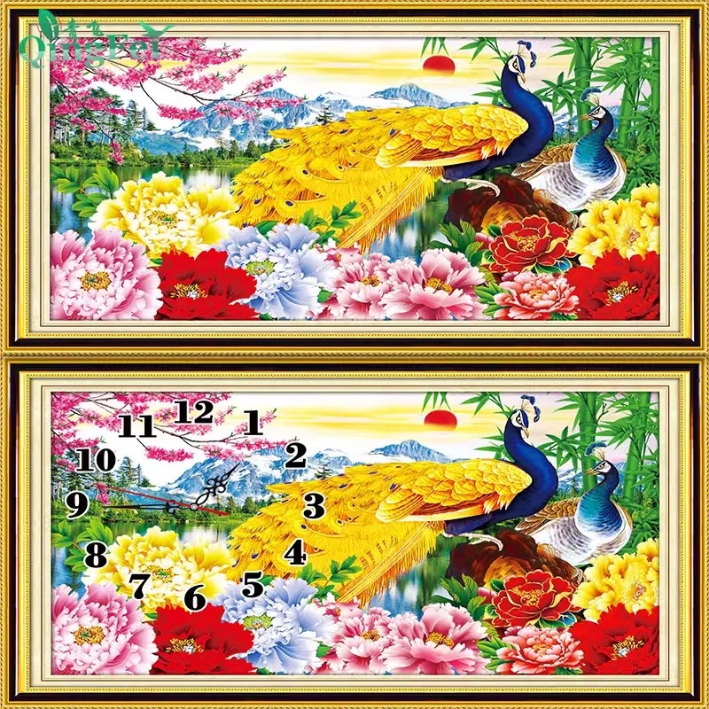 青飞新款金色孔雀钟面十字绣牡丹花开富贵旭日东升柬埔寨E28,E29