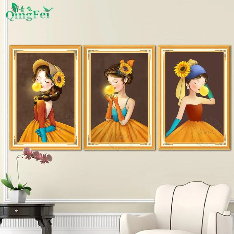 青飞精准印布卡通泡泡女孩公主十字绣客厅书房竖版挂画满绣E123