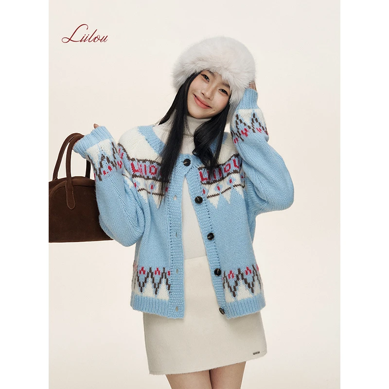 Liilou  费尔岛 撞色图案提花圆领针织开衫