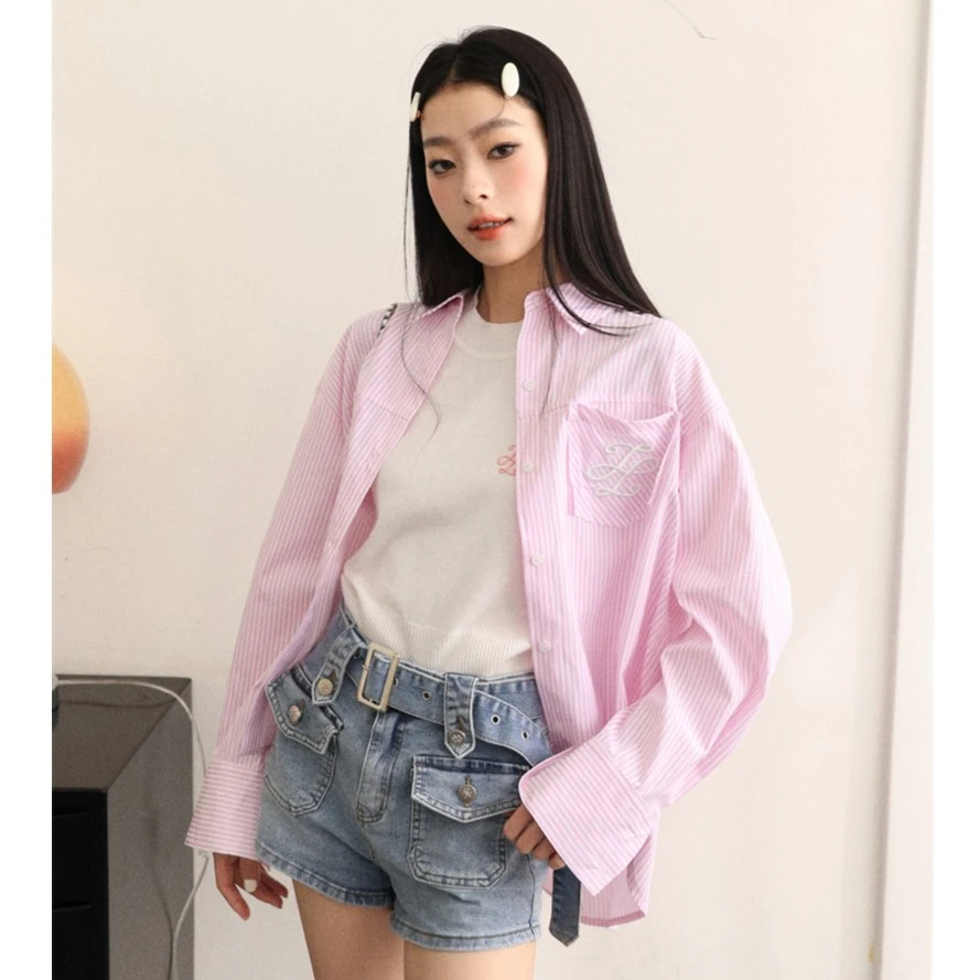 liilou 不对称口袋竖条纹衬衫外套上衣女设计感小众穿搭新款