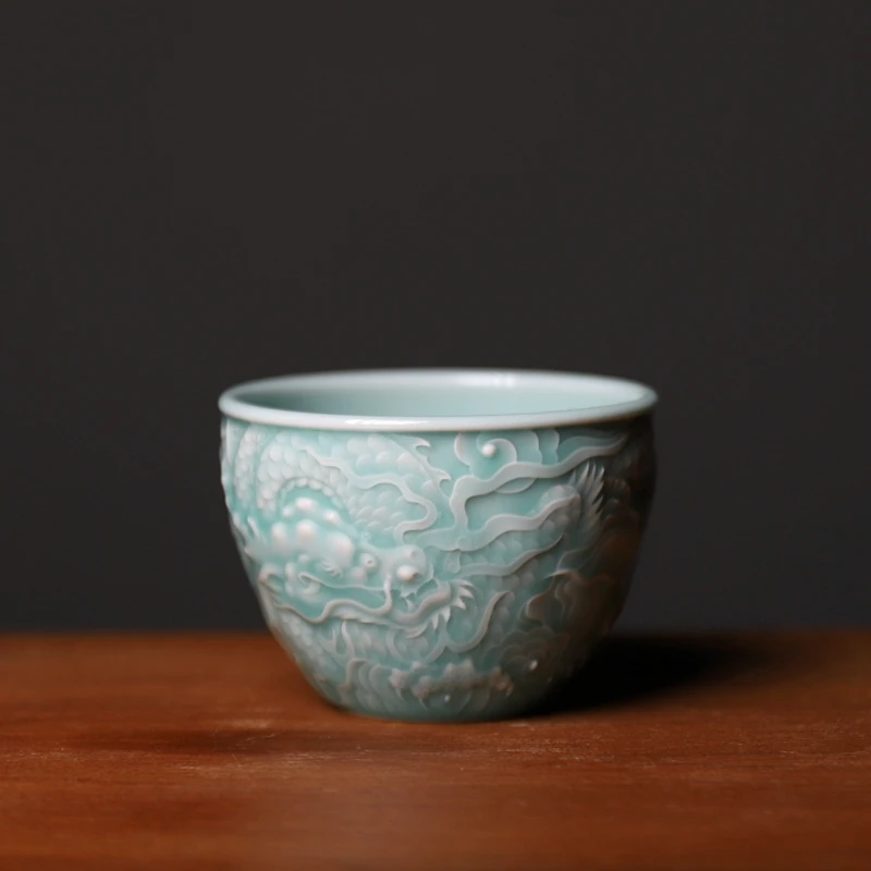 龙泉青瓷粉青重工云龙纹缸杯 茶具主人杯茶道工夫茶 100CC