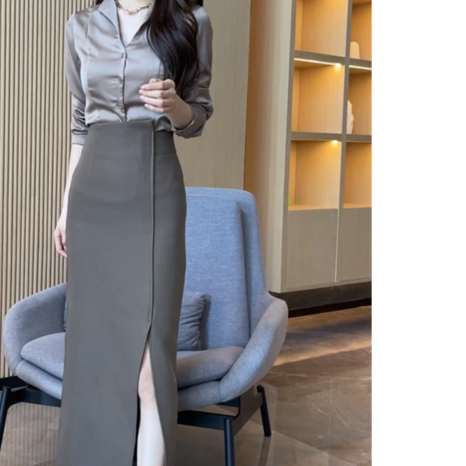 2025春秋季新款V领缎面显瘦上衣+高腰侧开叉修身气质半身裙套装