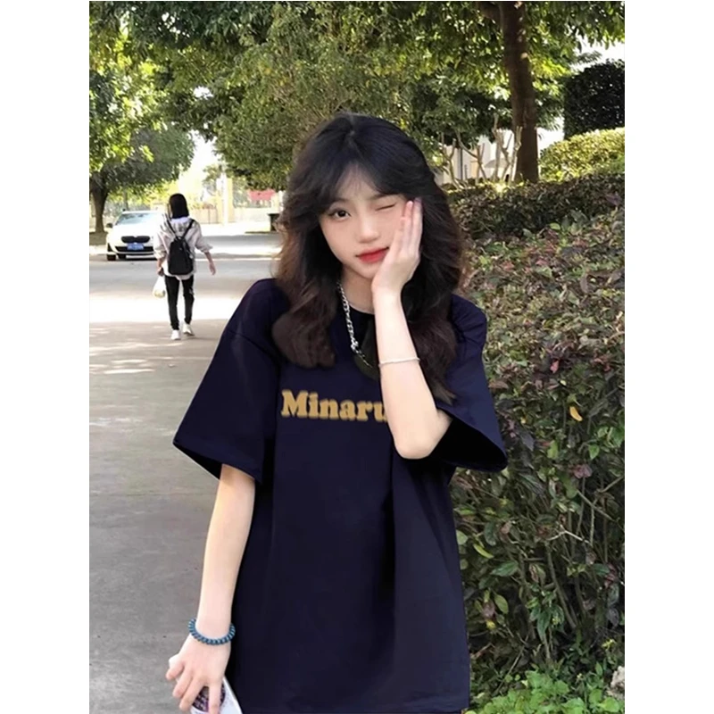 纯棉藏蓝色字母短袖t恤女2023年新款夏季宽松设计感小众潮牌上衣