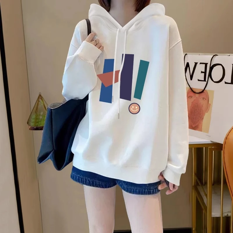 2023秋冬新款宽松连帽oversize白色卫衣女韩版百搭加绒加厚上衣潮