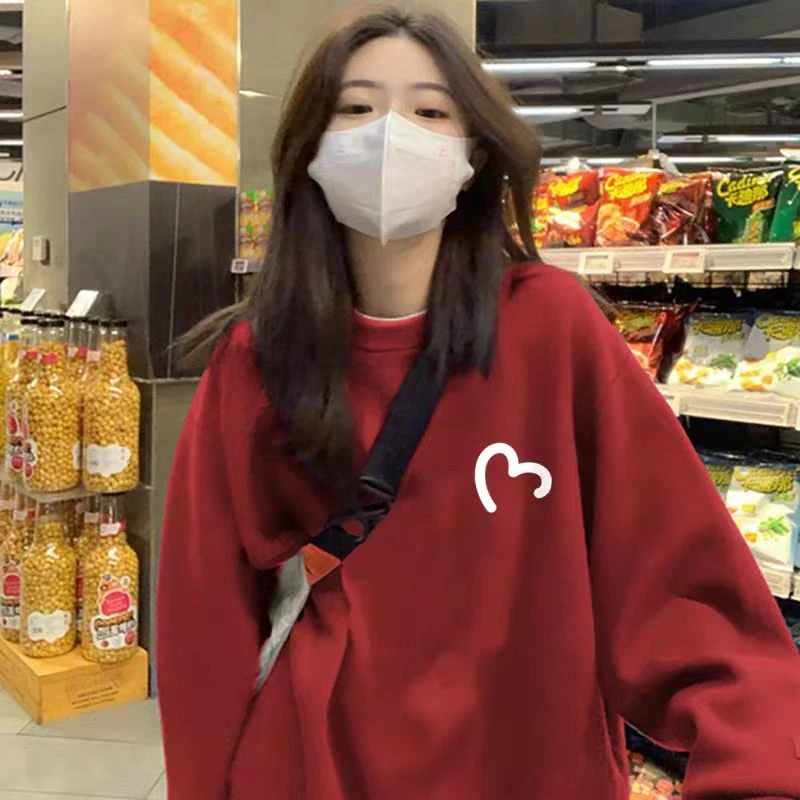 圆领慵懒风卫衣女秋冬款潮牌2024春新款加绒加厚欧货大版宽松外套