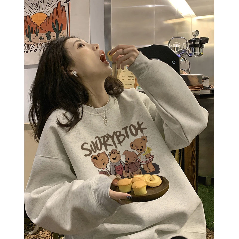 花灰色oversize宽松无帽卫衣女秋冬2024新款爆款韩系加绒圆领上衣