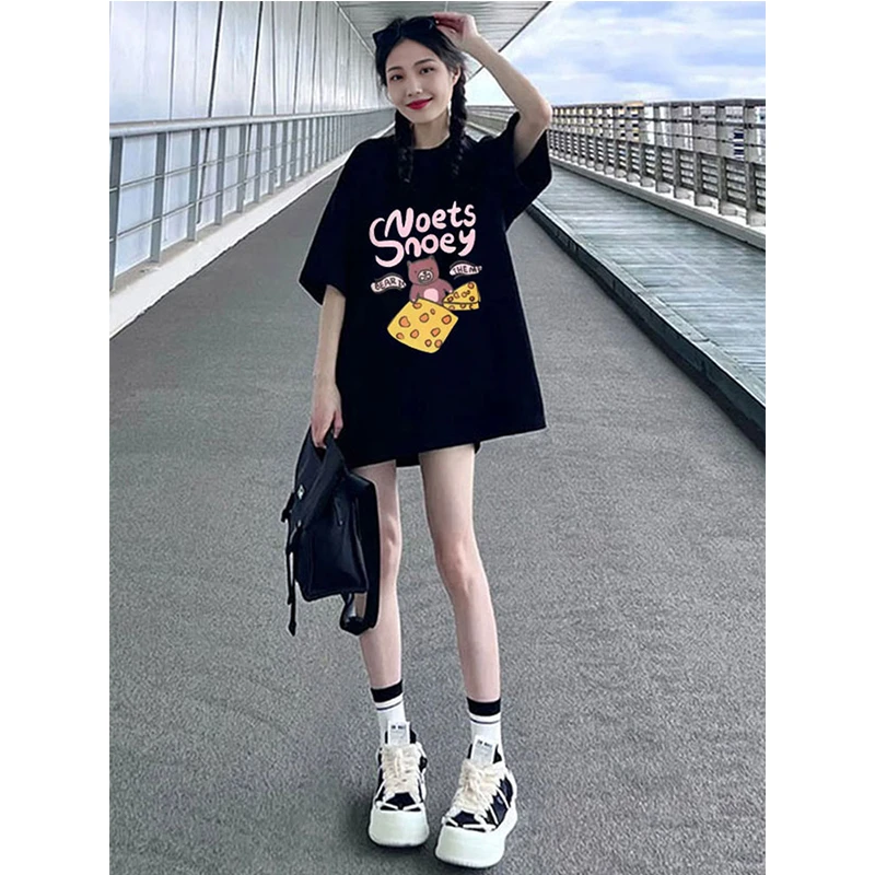 高端大牌宽松短袖t恤女2024新款夏季遮屁股中长款下半身失踪体恤