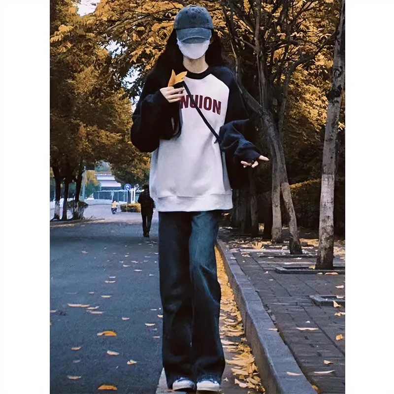 美式插肩袖圆领印花中长款卫衣男女宽松bf学院风黑白春季撞色上衣