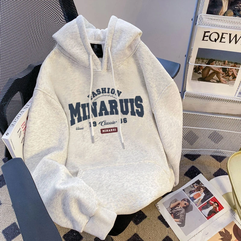 休闲灰色情侣卫衣女连帽秋冬新款美式复古加绒加厚纯棉爆款外套