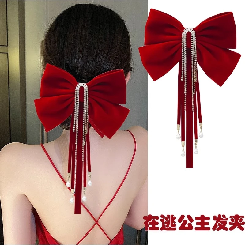 新年红色蝴蝶结头饰新娘敬酒服发饰女订婚晚礼服结婚简约高级发夹