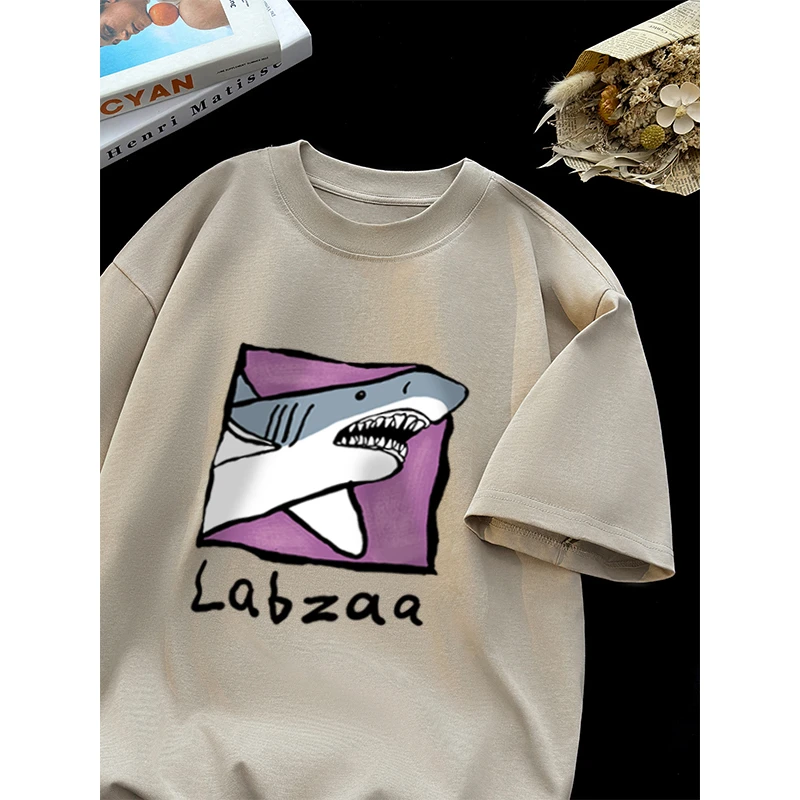 Labzaa欧美式vibe趣味鲨鱼印花短袖t恤男夏街头国潮休闲重磅棉纯