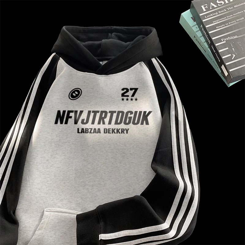 Labzaa运动风连帽口袋卫衣男字母印花宽松2024秋冬季撞色套头上衣