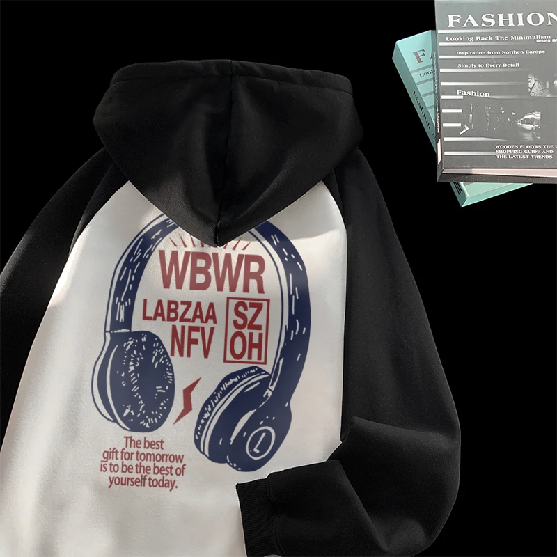Labzaa2024新款秋冬季连帽口袋卫衣男创意印花宽松休闲套头情侣装