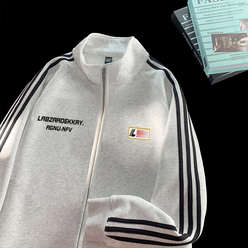 Labzaa运动风立领卫衣男2024秋冬季新款印花休闲宽松百搭拉链上衣