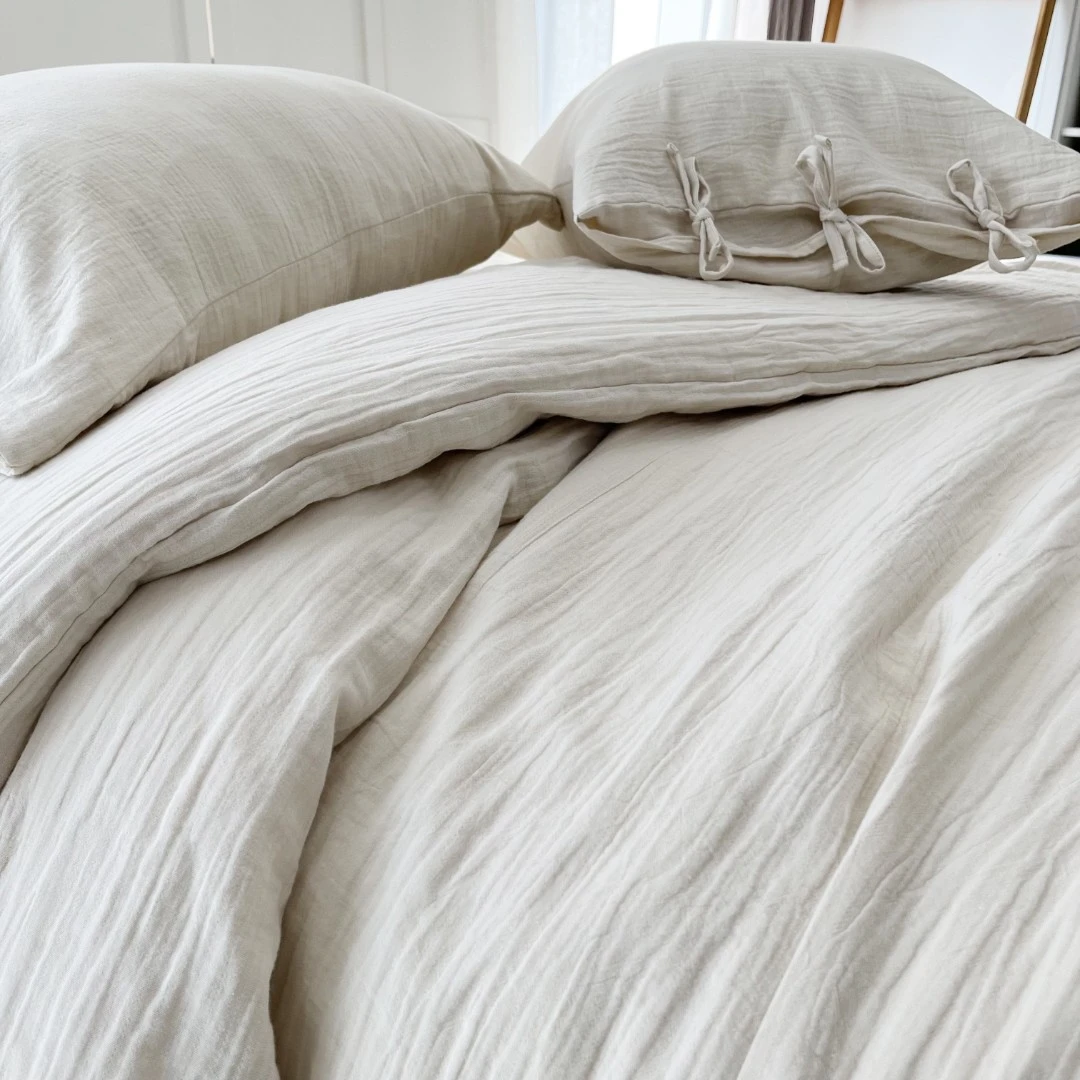 HOMEDERF棉双层纱床单被套枕袋四件套日式简约素色棉A类纯色