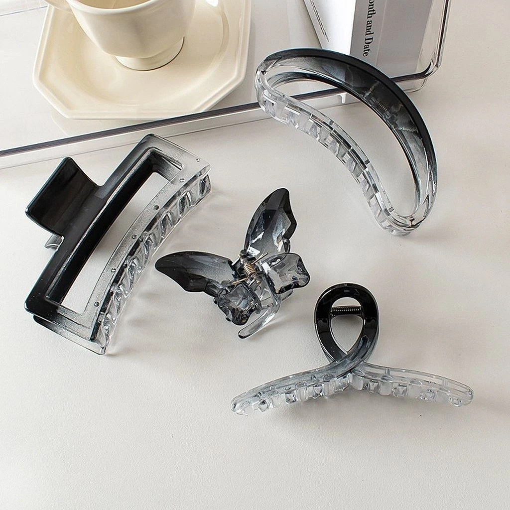 超仙法式鲨鱼夹透明黑白渐变水墨风抓夹大号后脑勺发夹高级鲨鱼夹