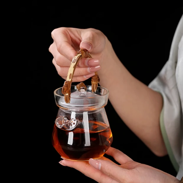 藤提梁公道杯可加热透明耐高温公杯玻璃加厚绿茶泡茶器