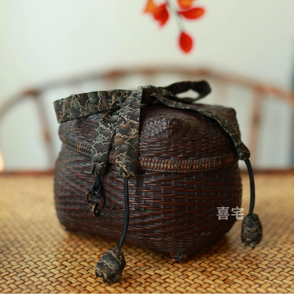手工竹编复古茶盒收纳盒茶道收纳盒