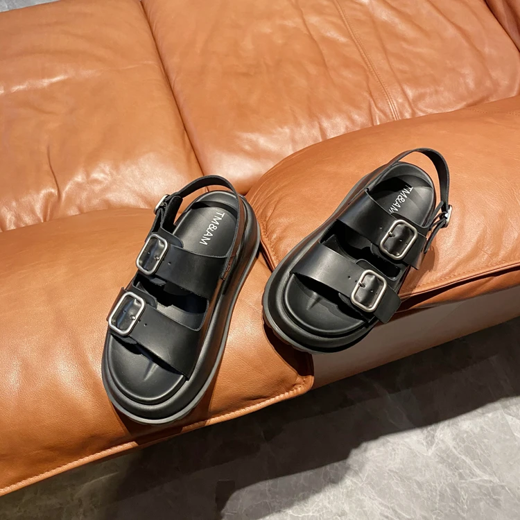 欧洲站~真皮厚底罗马凉鞋女2024夏新款露趾沙滩鞋配裙子女鞋ins风