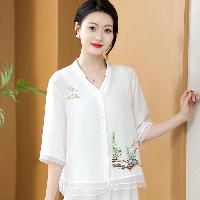 新中式妈妈绣花半袖衬衫女拼接开衫百搭夏季洋气中老年薄T恤小衫