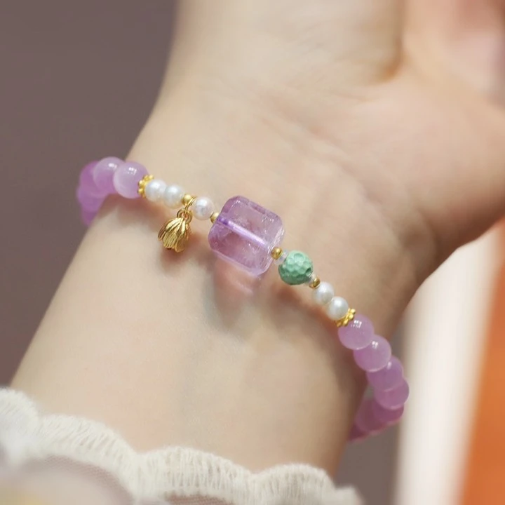 迷悟原创天然紫锂辉方糖S925银单圈手链手串I25041709