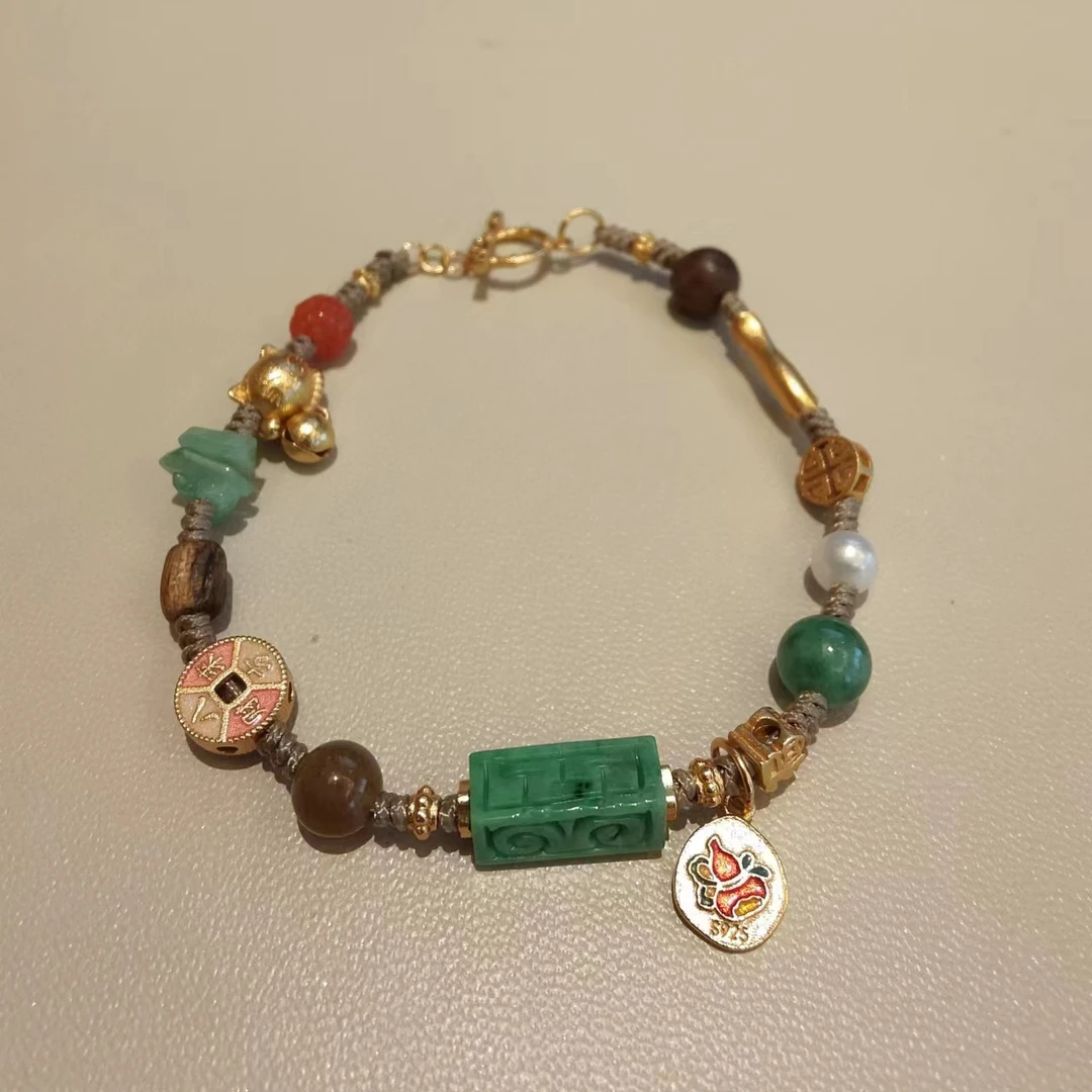 迷悟珠宝原创天然翡翠多宝古法925银镀金手工编绳手链复古单圈