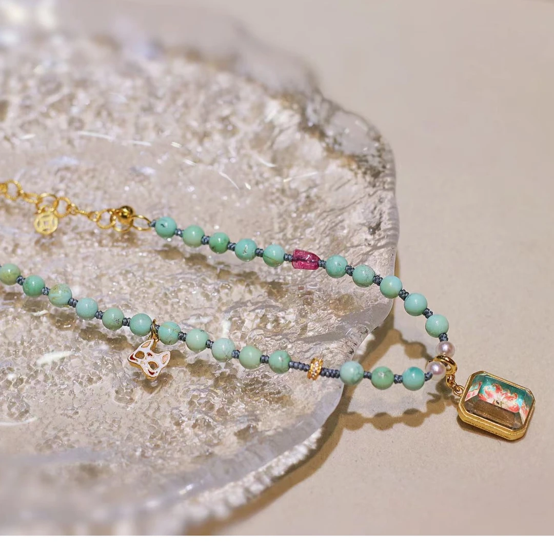 迷悟原创珠宝天然原矿绿松九尾狐925银锁骨链项链