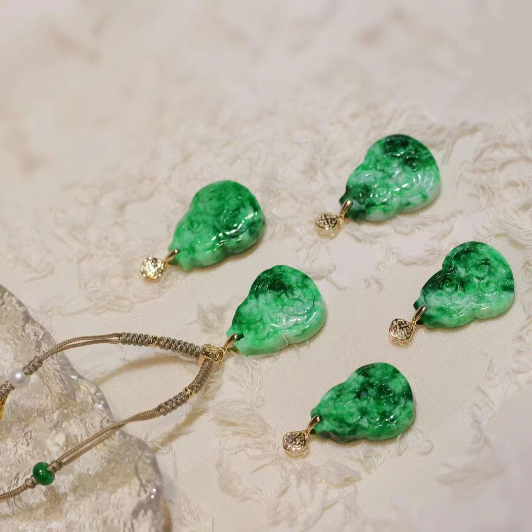 迷悟天然翡翠雕花葫芦吊坠18k金配件编绳项链M24102997多样性发一