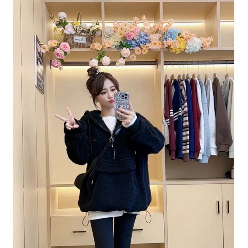 重工字母刺绣宽松慵懒风连帽套头卫衣女2024冬款加绒加厚外套上衣