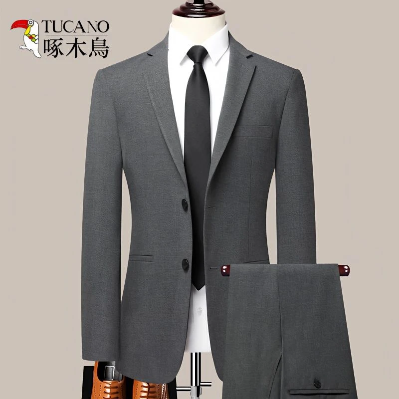 啄木鸟2023春秋新品灰色男士修身西装套装商务休闲抗皱西服男外套
