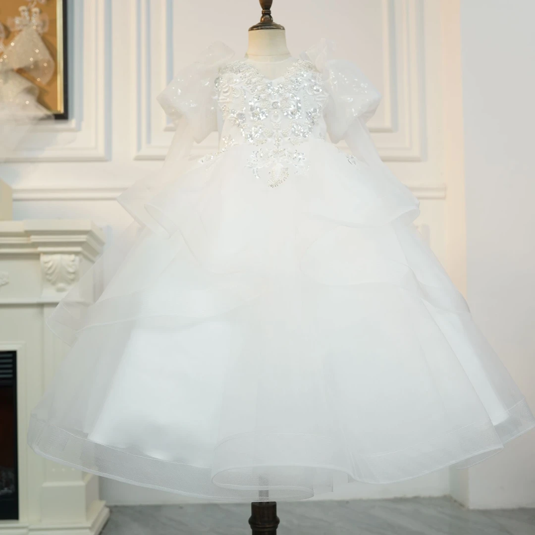 白色长袖轻纱儿童礼服蓬蓬纱小女孩花童生日女童主持钢琴演讲走秀