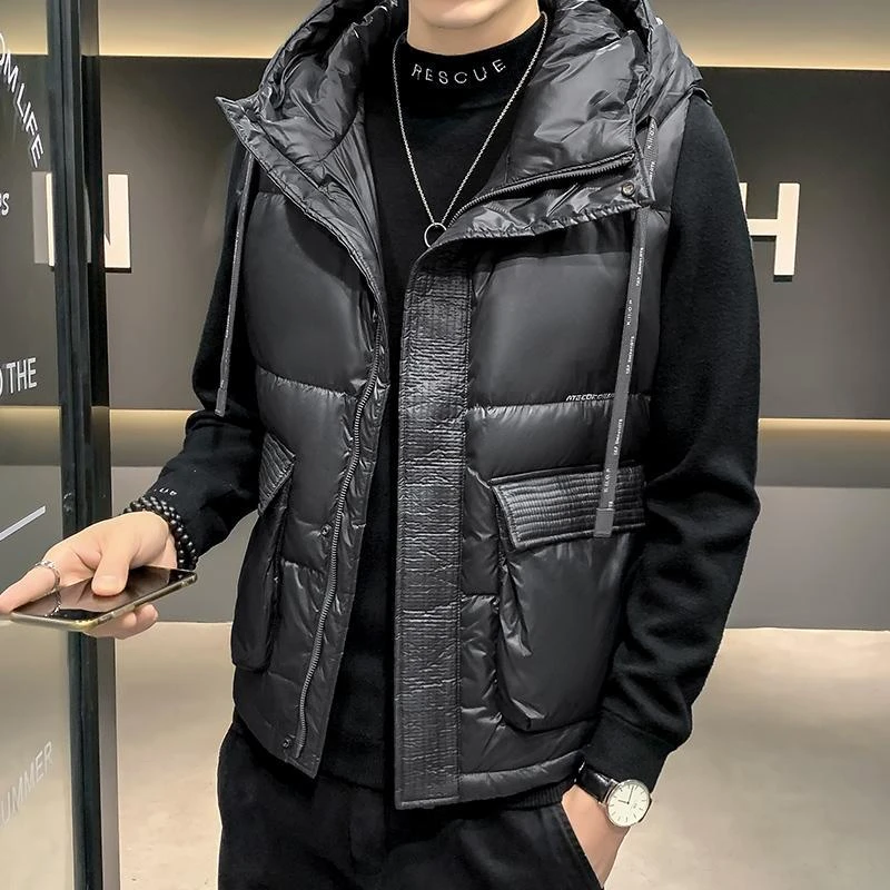 羽绒马甲2023年秋冬新款连帽韩版修身口袋设计感羽绒马甲外套男上