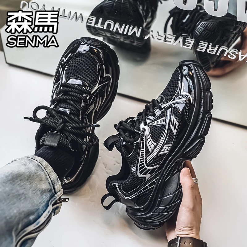 森马黑武士男鞋秋季透气运动休闲厚底增高时尚百搭纯黑色老爹潮鞋