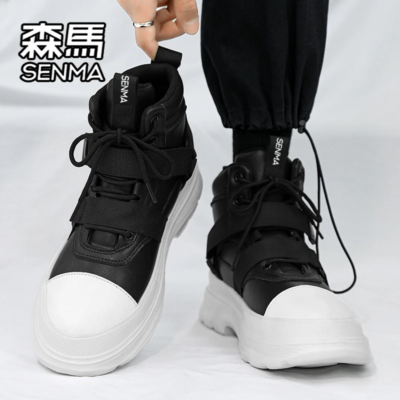 SENMA/森马马丁靴男冬季高帮英伦风黑色高级感皮鞋厚底增高工装靴