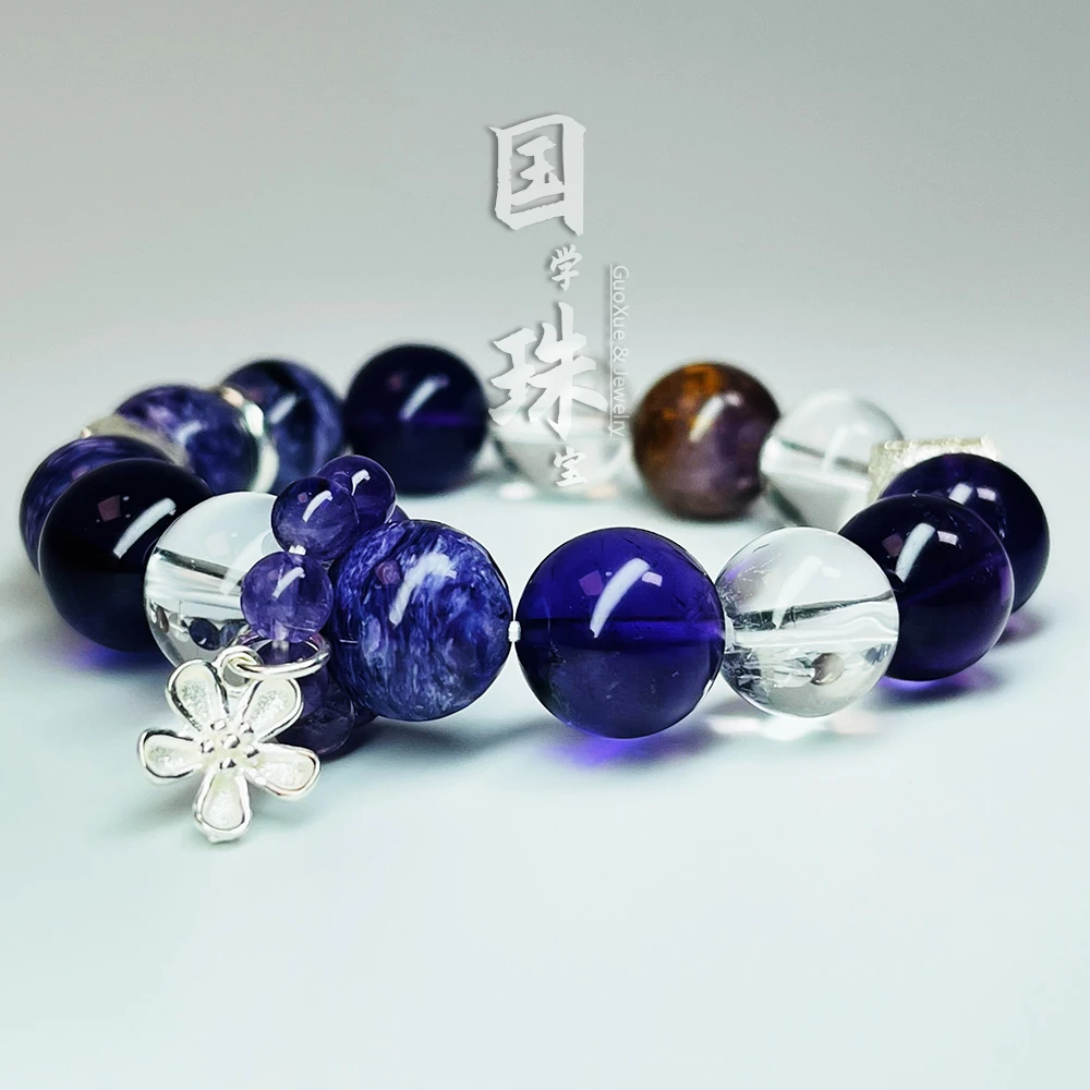 【国学珠宝】天然白水晶紫龙晶紫超七设计款单圈手链多样性发货