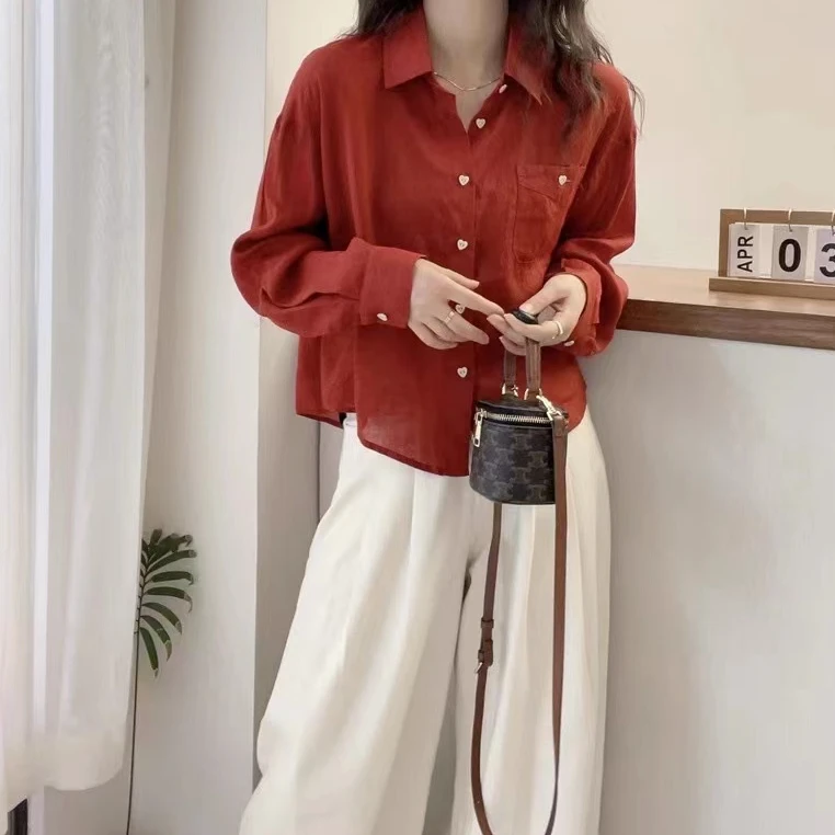 设计感别致爱心扣宽松百搭衬衫外穿通勤洋气减龄显瘦长袖衬衣上衣