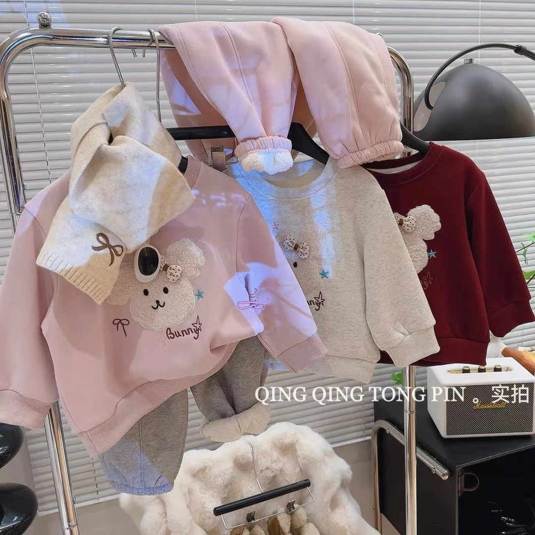 儿童卫衣秋冬款加绒加厚女童上衣打底衫长袖圆领套头卫衣刺绣韩版