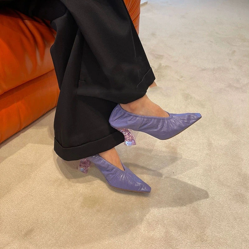 复古真皮紫色高跟鞋女粉红色气质水晶粗跟法式单鞋软底防滑女巫鞋