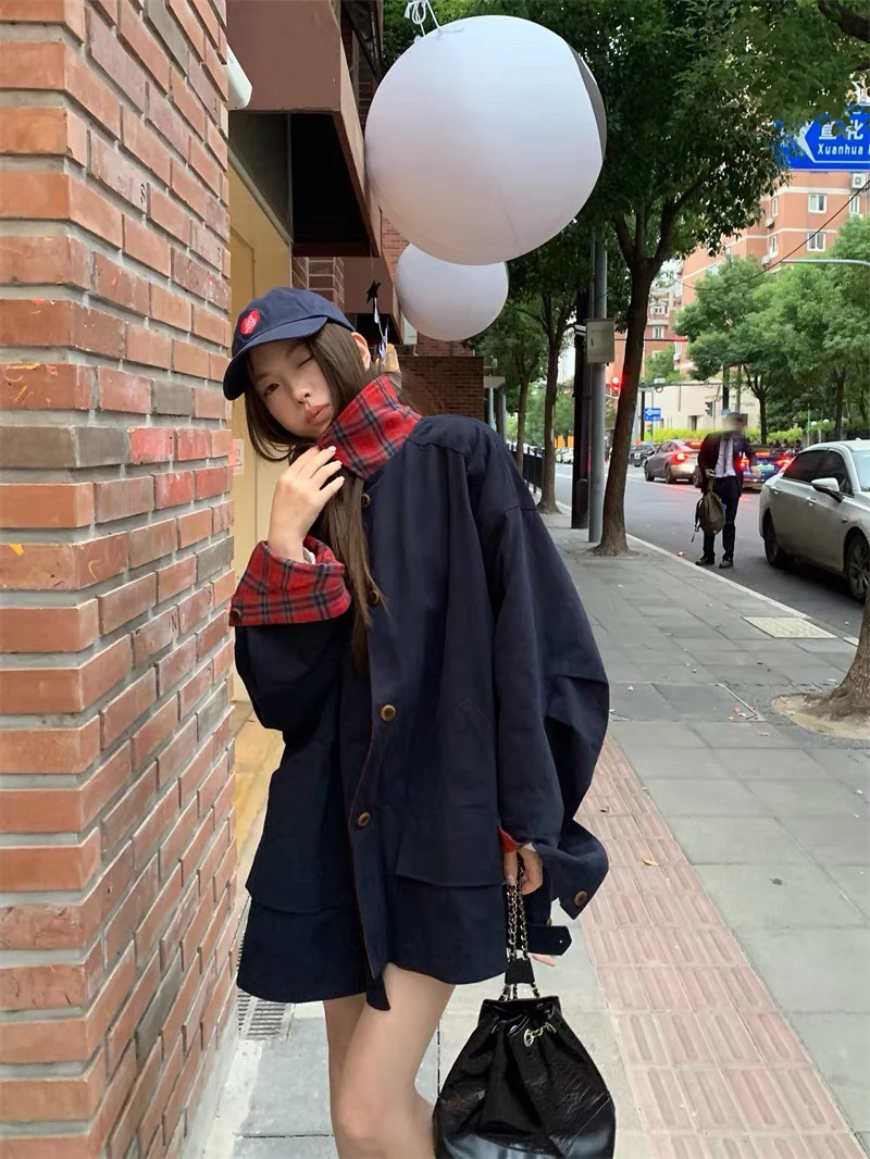 CIAOKISS·【复古撞色】双面翻领宽松百搭通勤格纹休闲麂皮加厚外套